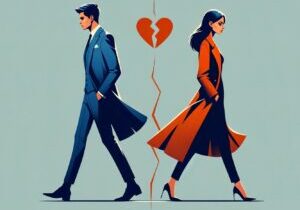 2222 - Create an image featuring a stylized man and a woman walking in opposite directions with a space between them. They are not looking at each other, ref